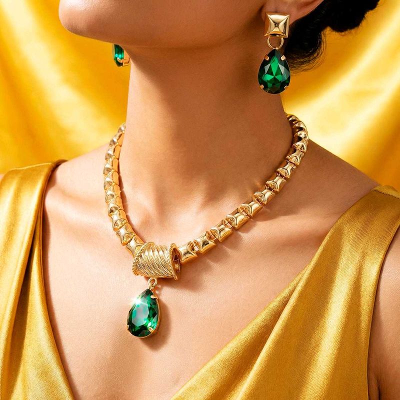 Gold Tone Emerald Drop Necklace &amp; Earrings Set