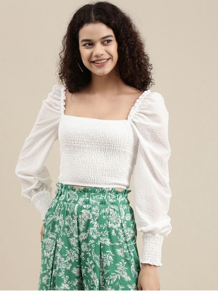 BERSHKA White Smocked Blouse with Puff Sleeves
