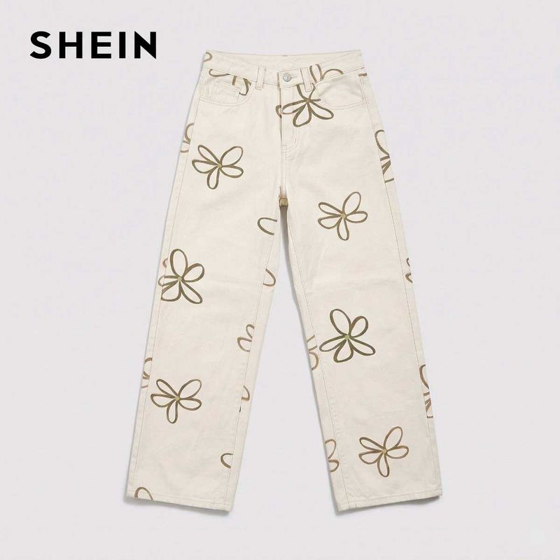 SHEIN Y2K Floral Outline Wide Leg Jeans (Beige)