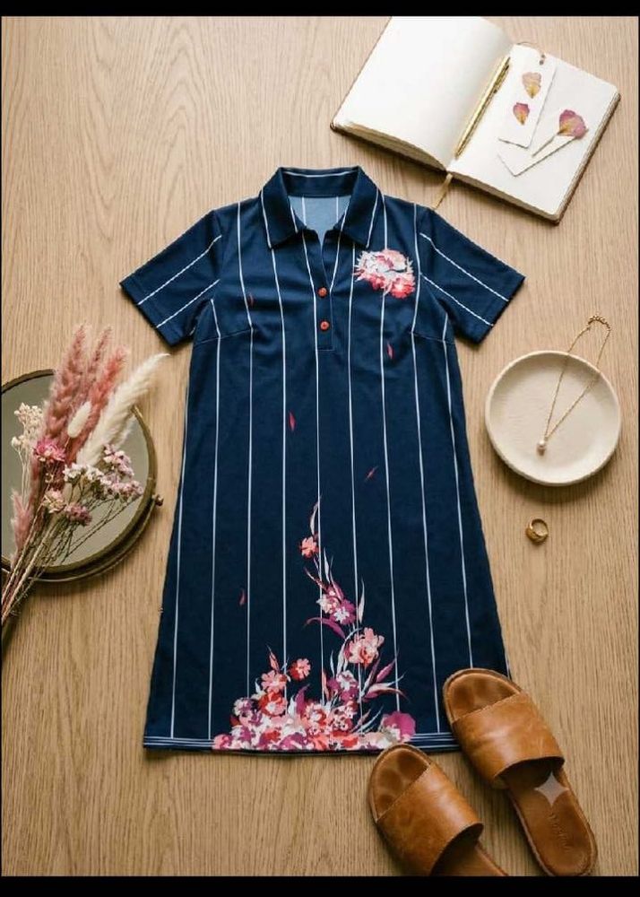 Navy Striped Floral Polo Dress