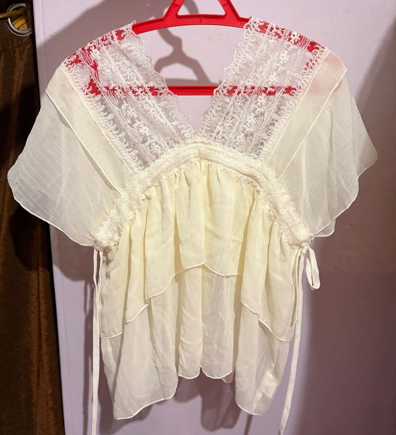 Cream Lace Trimmed Flutter Sleeve Top