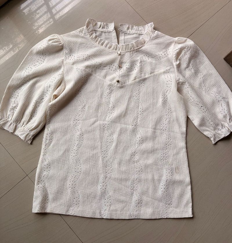 Cream Embroidered Puff Sleeve Top