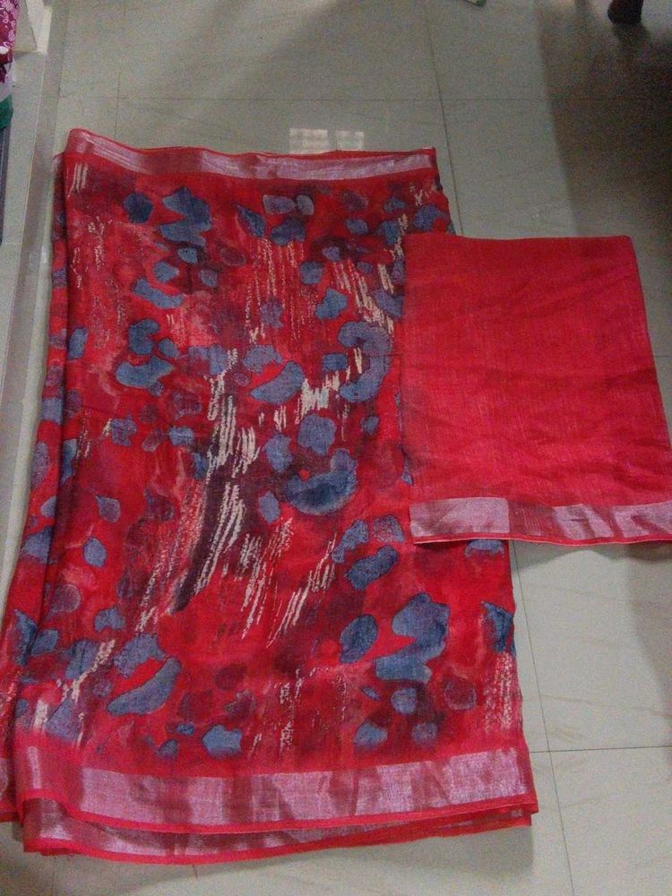 Red Floral Print Linen Saree