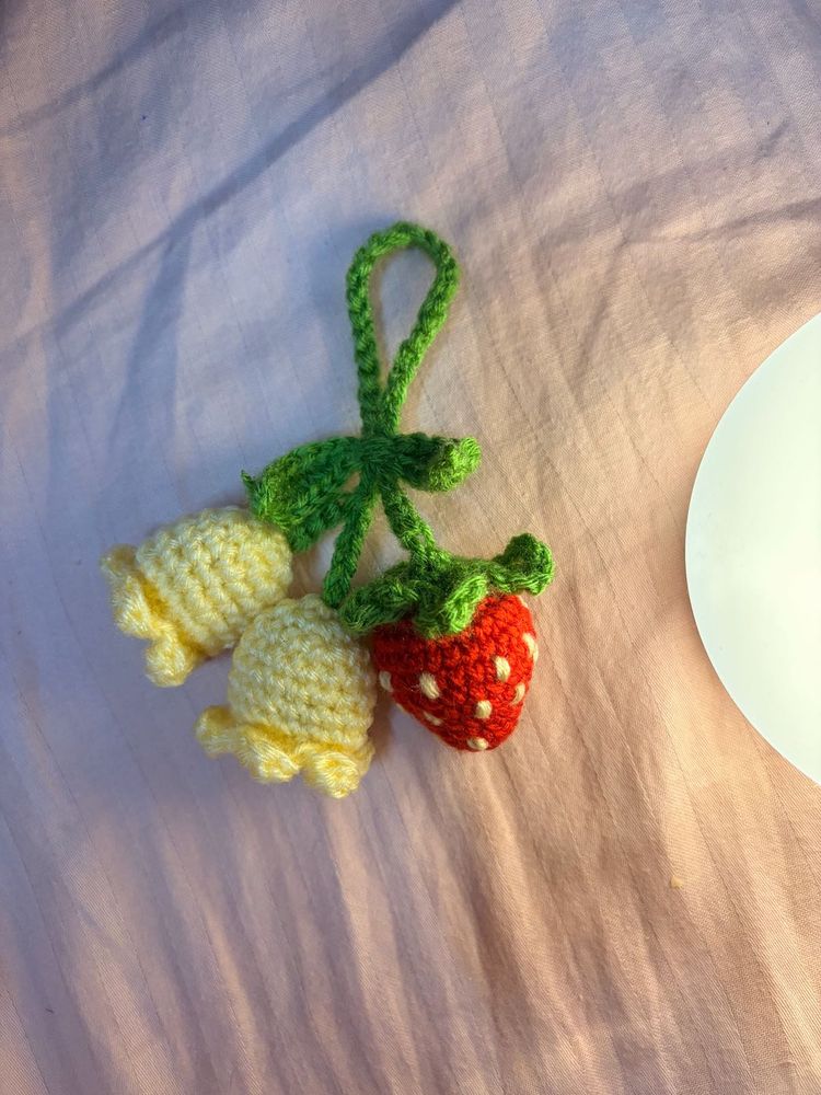 Handmade Crochet Strawberry Flower Keychain Charm