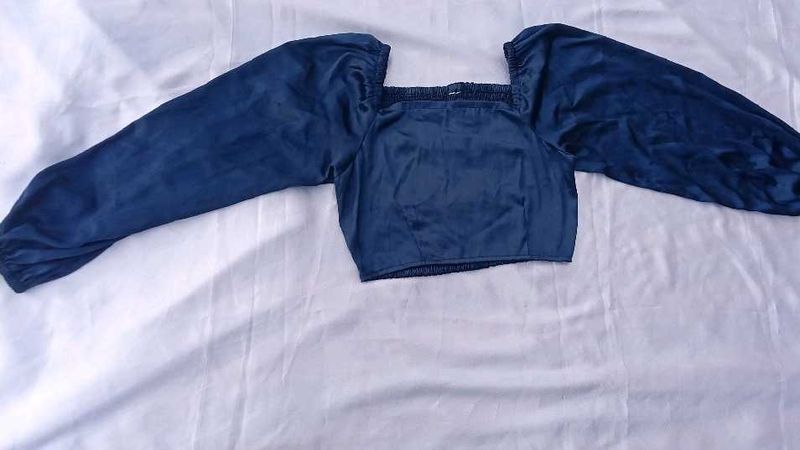 satin Navy Blue Square Neck Puff Sleeve Top