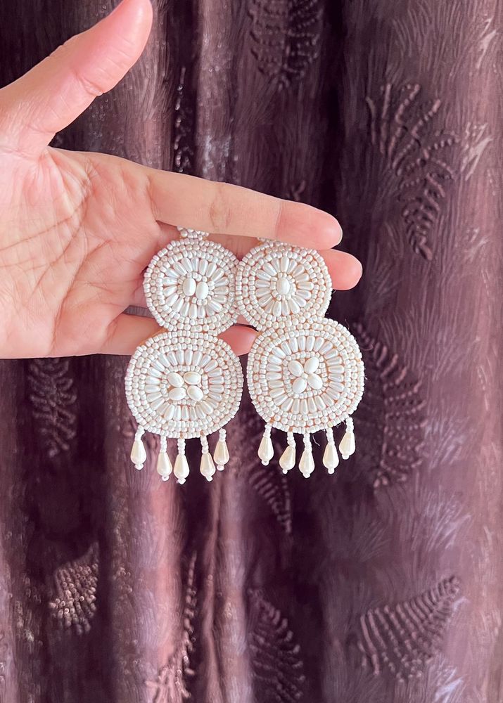 White Beaded Dangle Earrings