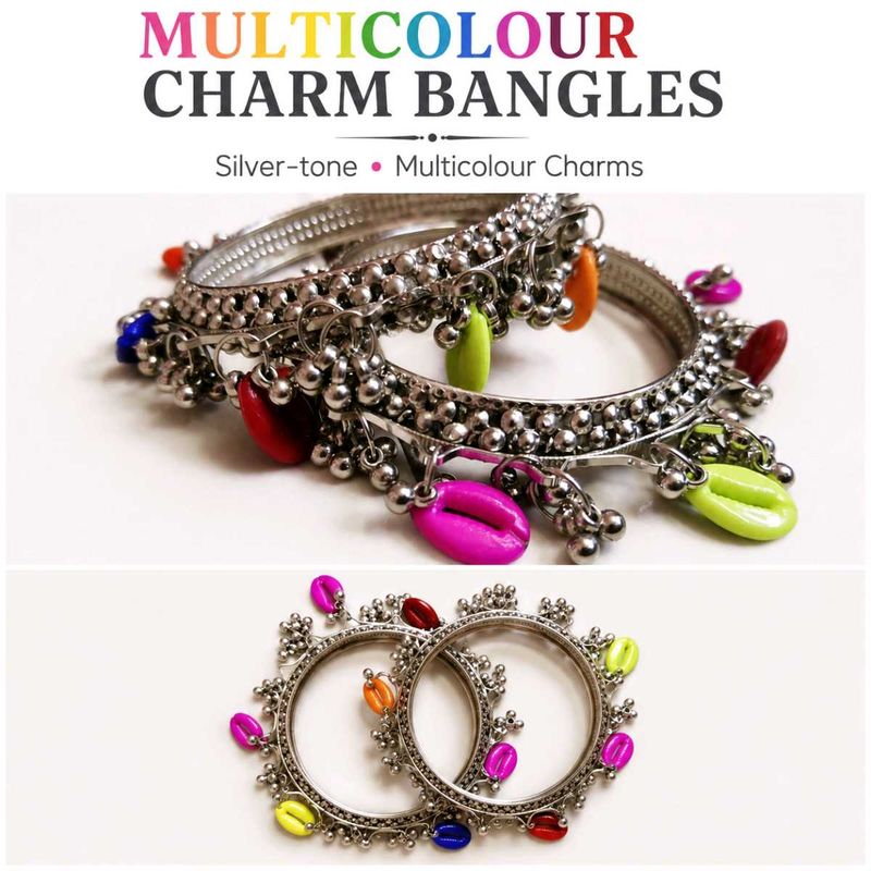 Multicolour Charm Bangles - Silver Tone