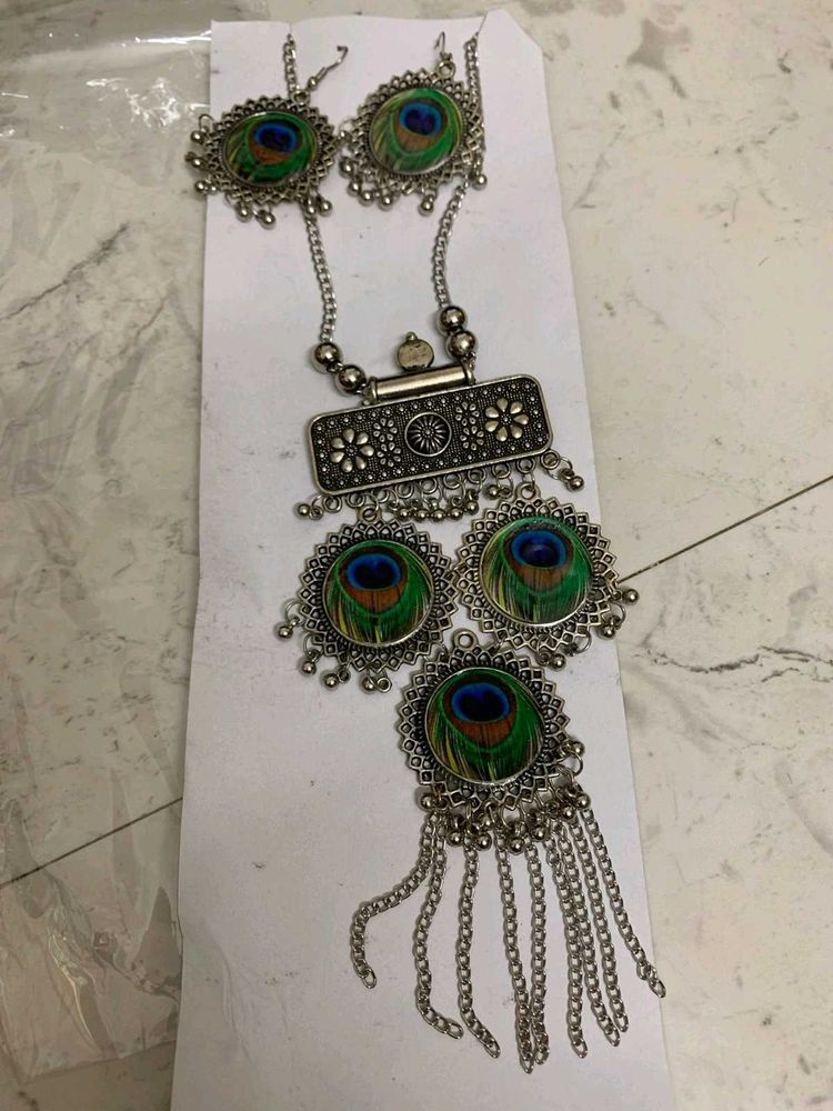 Peacock Feather Necklace &amp; Earrings Set