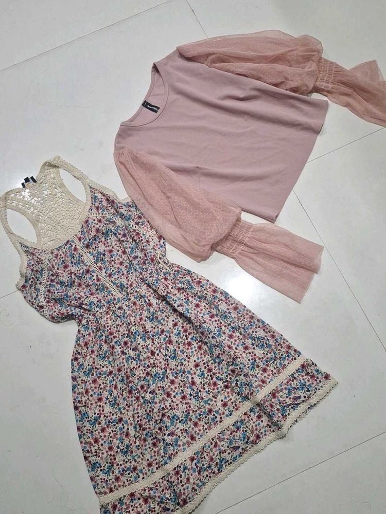 combo Floral Dress and Pink Top Set