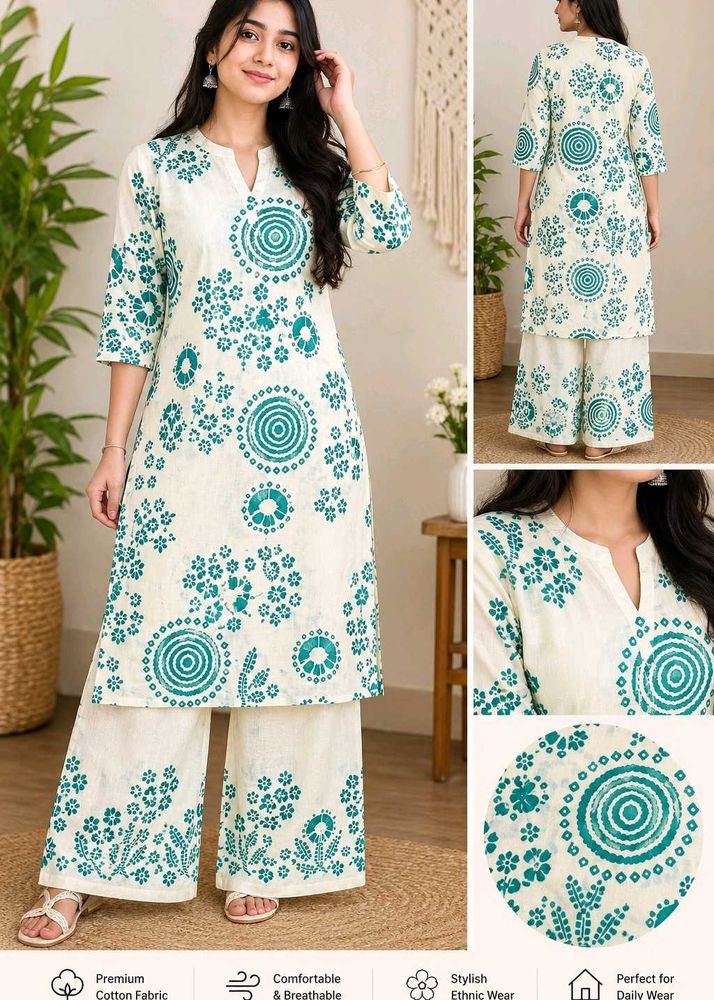Cream Teal Print Kurta Set