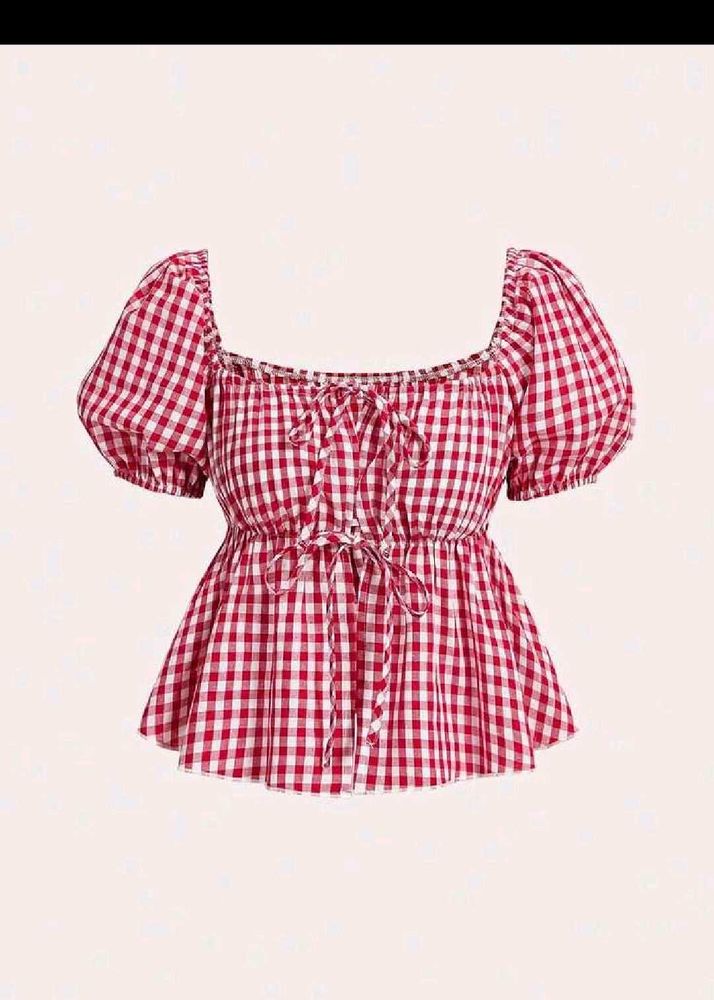 Red Gingham Puff Sleeve Top