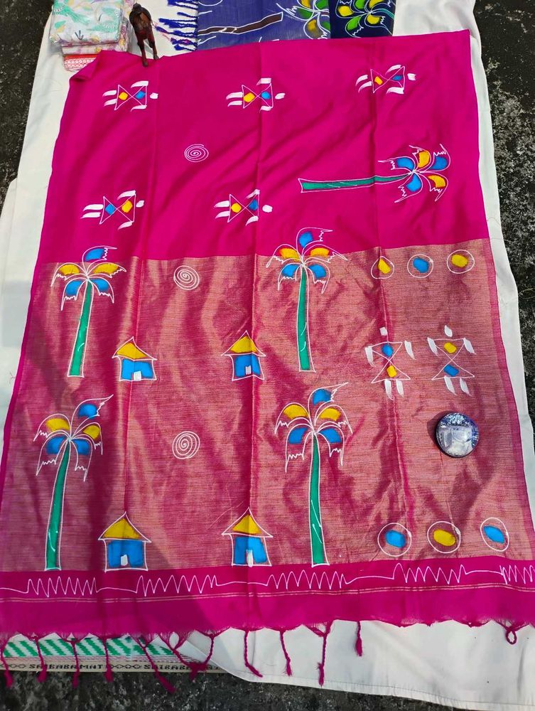 Vibrant Pink Hand-Painted Saree