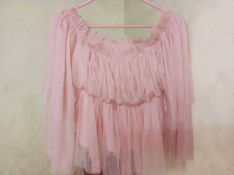 Pink Tulle Off-Shoulder Top