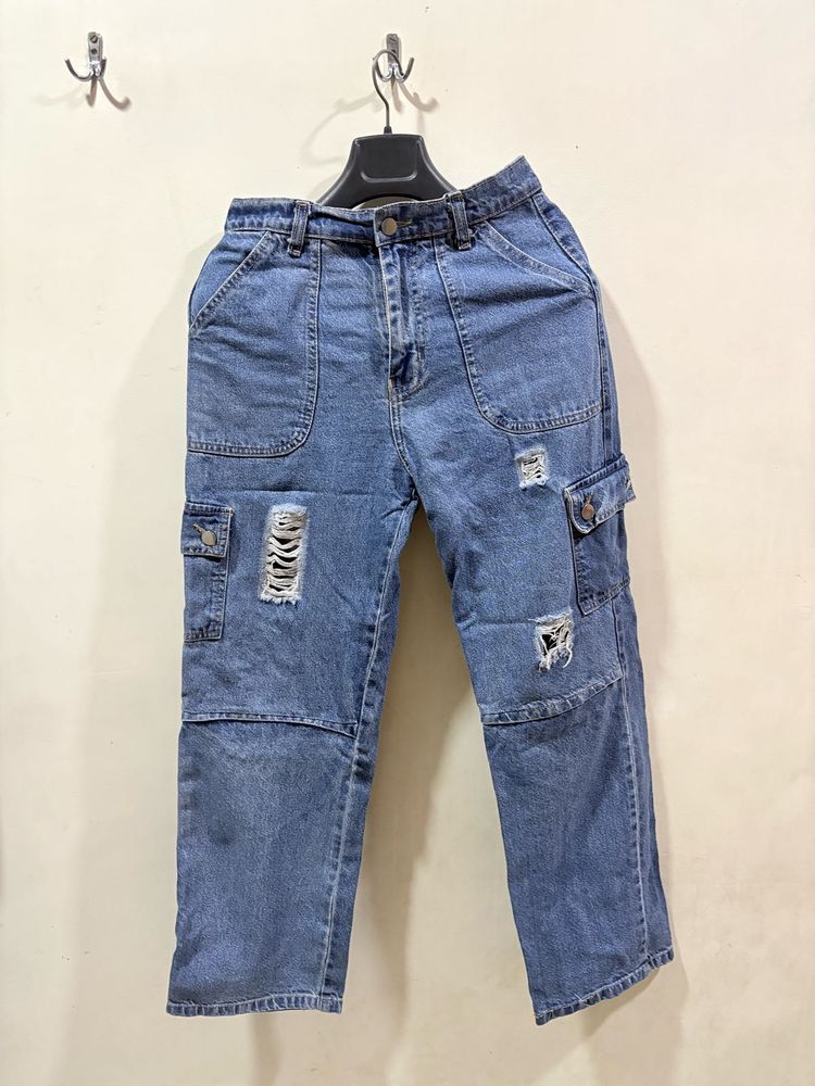 Distressed Denim Cargo Pants