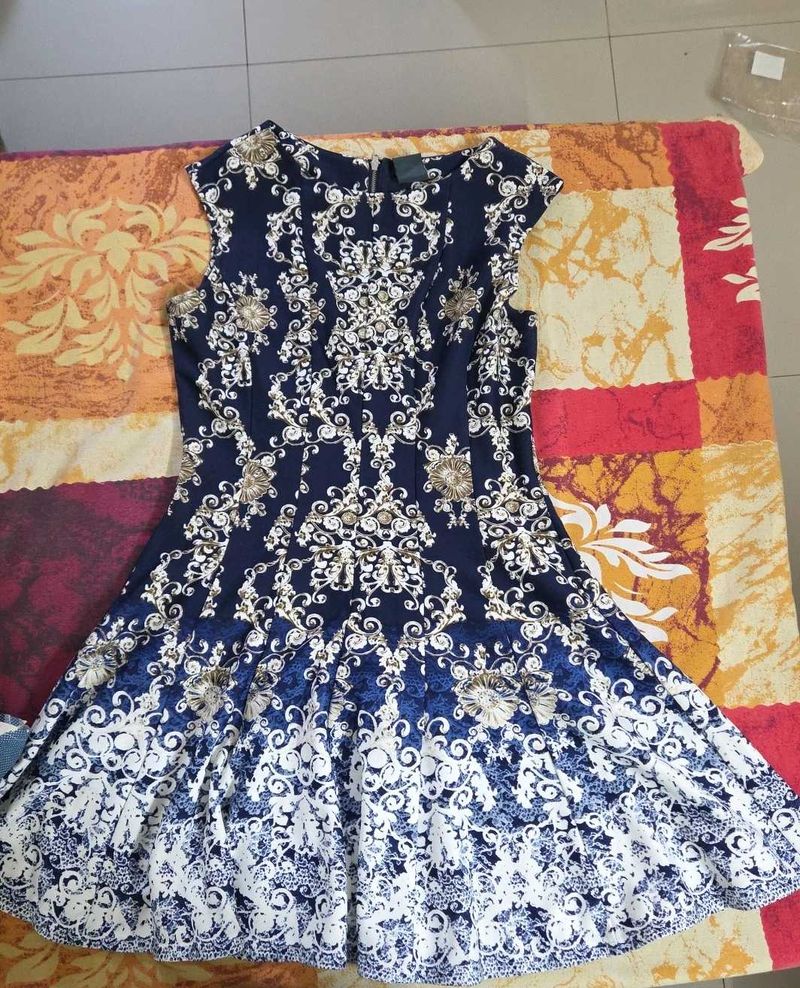Navy Blue Baroque Print Dress