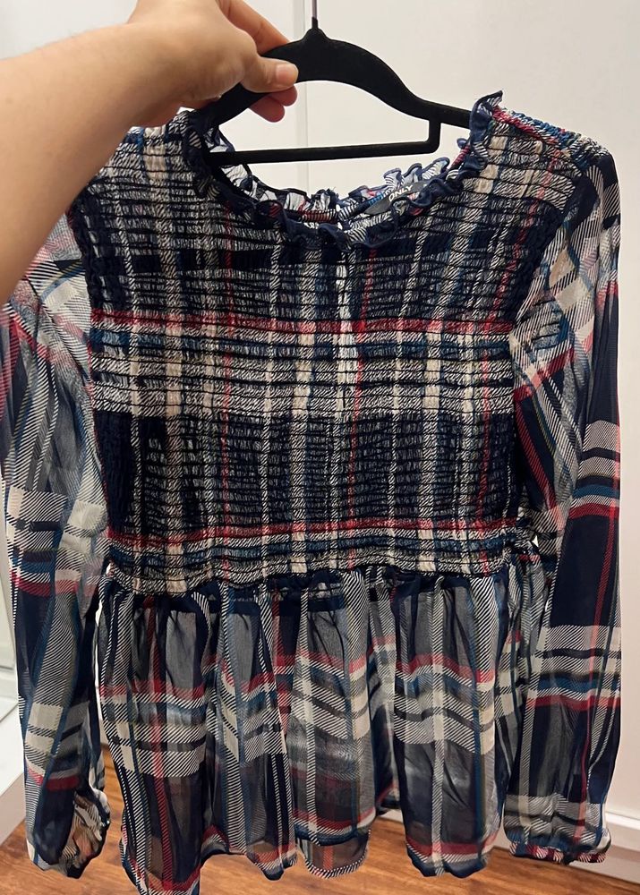 ONLY Smocked Plaid Peplum Top