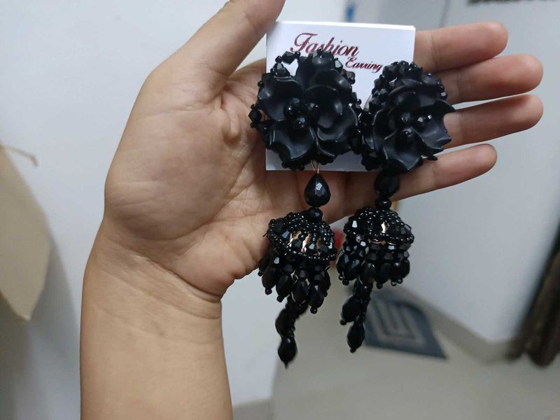 Black Floral Tassel Jhumka Earrings