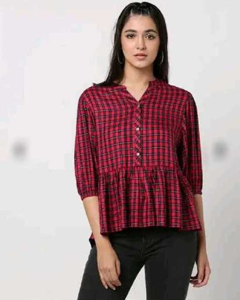 Red Plaid Peplum Top, 87cm