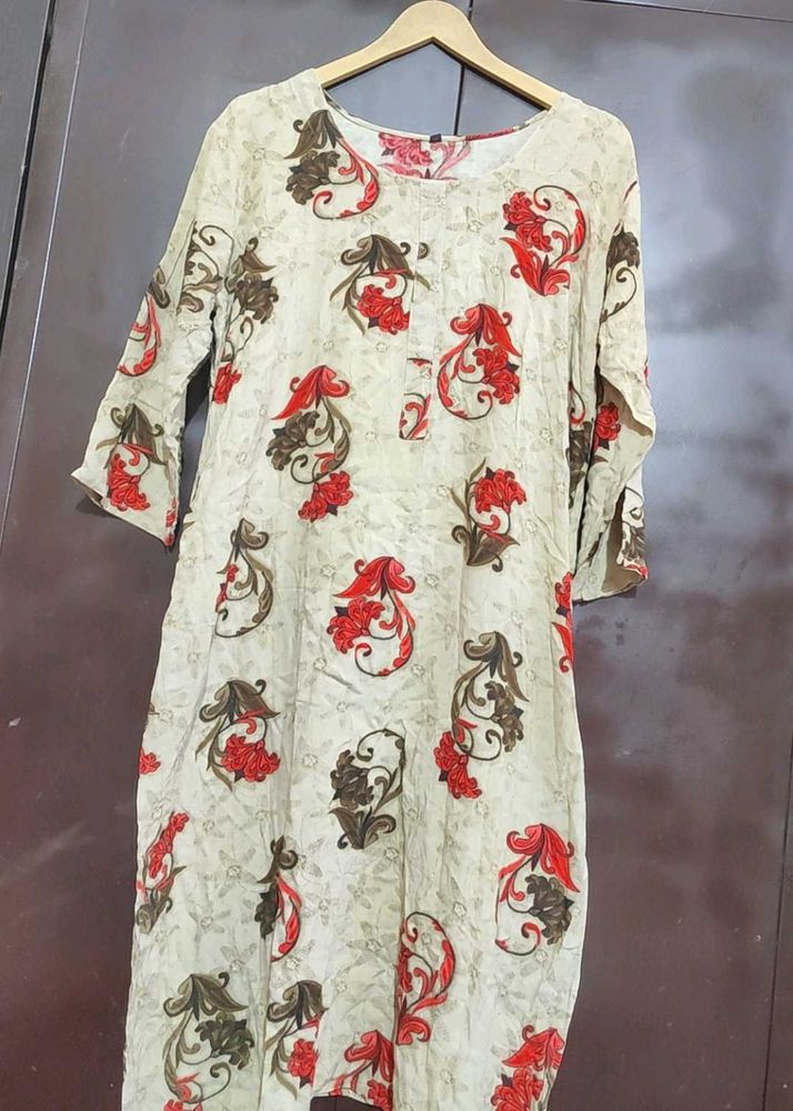 Khaki Color Kurti Red Olive Floral For 42 Bust