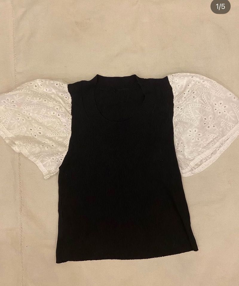 Black Top with White Broderie Anglaise Sleeves