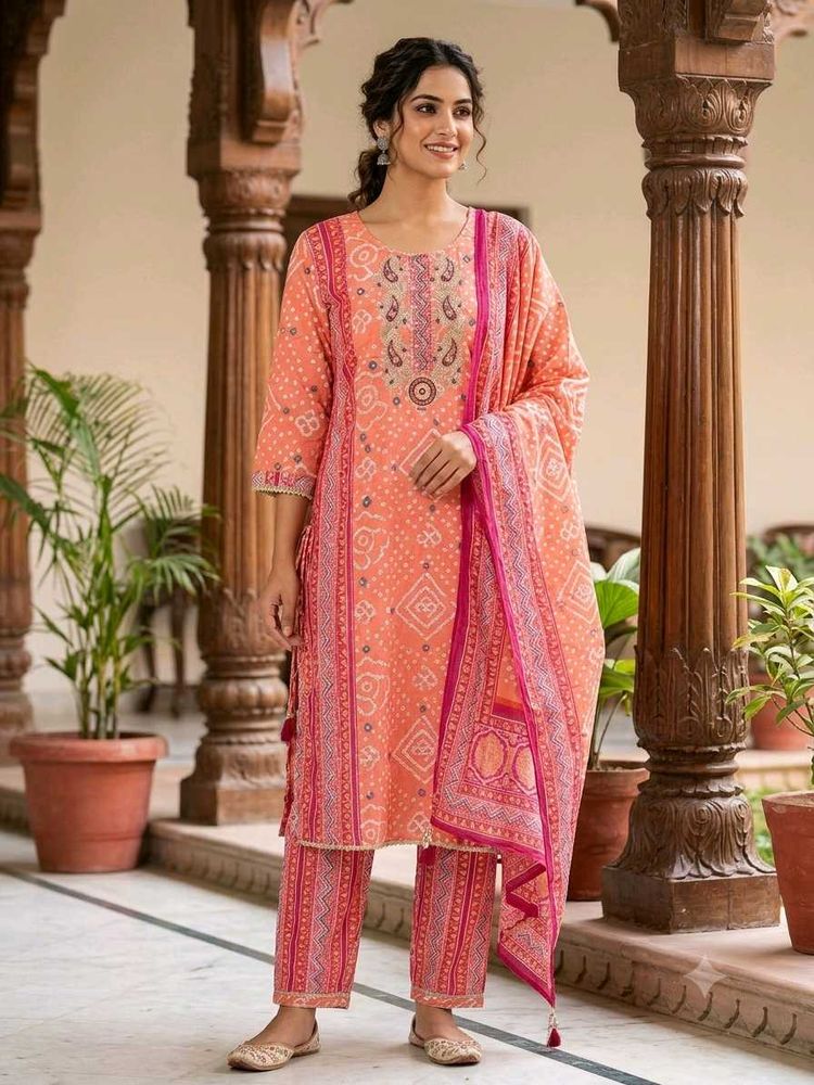 Embroidered Peach Kurta Set