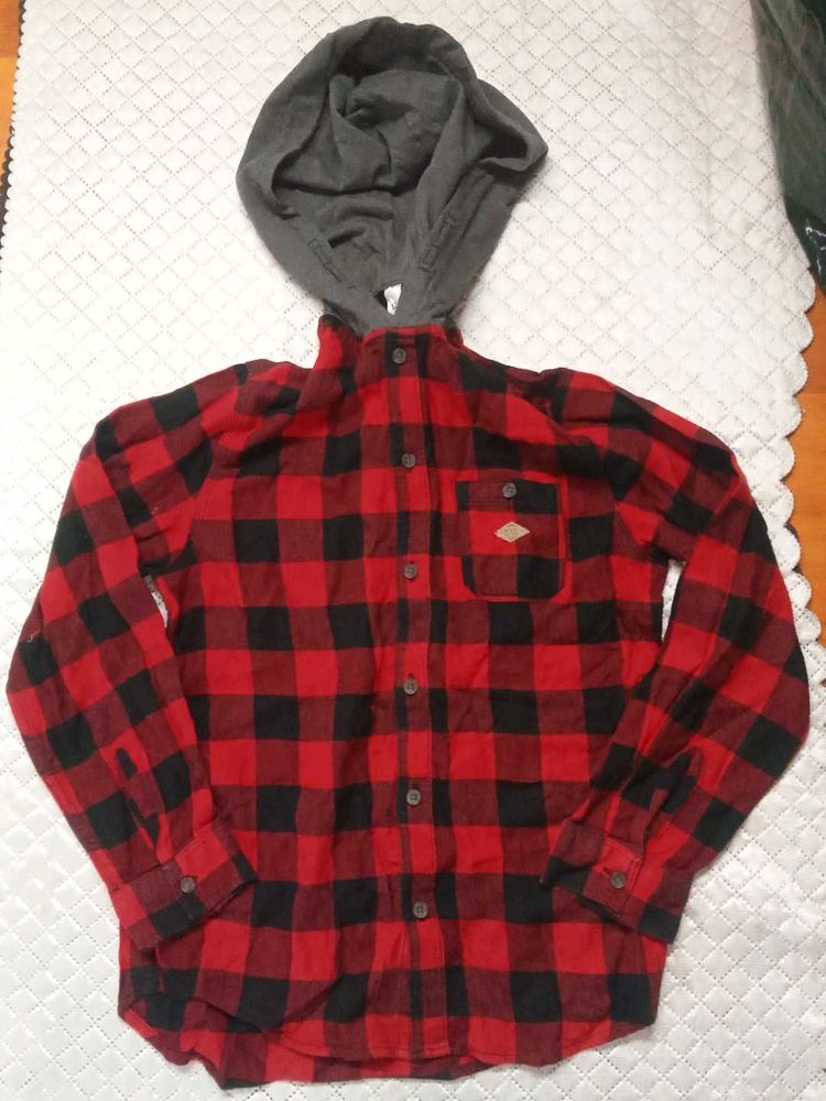 Men's Red &amp; Black Flannel Hooded Shirt