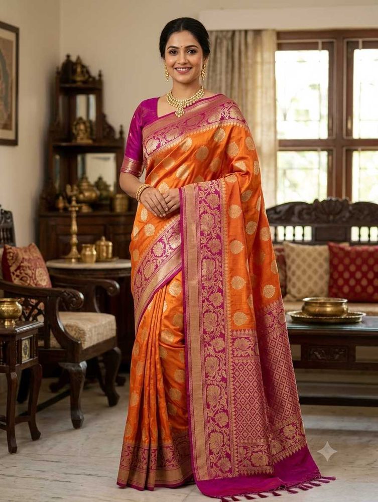 Elegant Orange &amp; Pink Silk Saree
