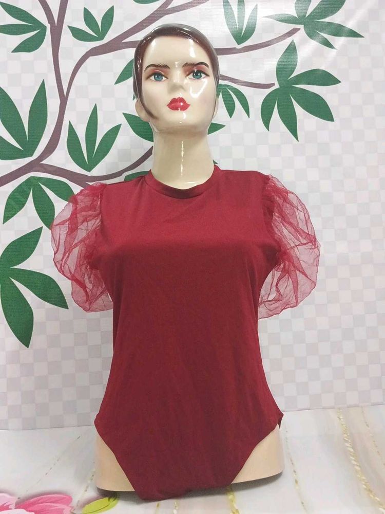 (100)Red Tulle Sleeve Bodysuit