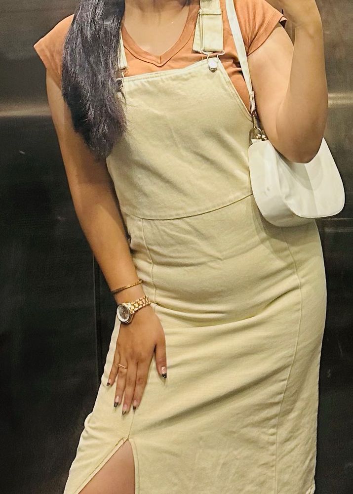 Cute Beige Pinafore Dress