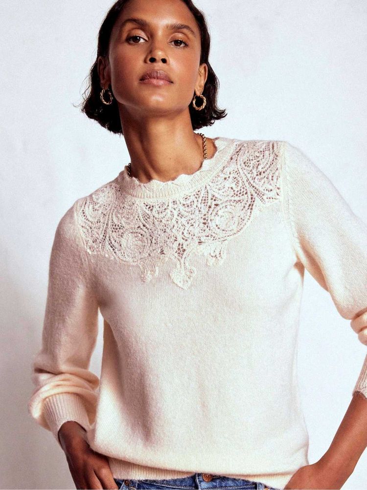 Cream Lace Detail woolen Knit Sweater