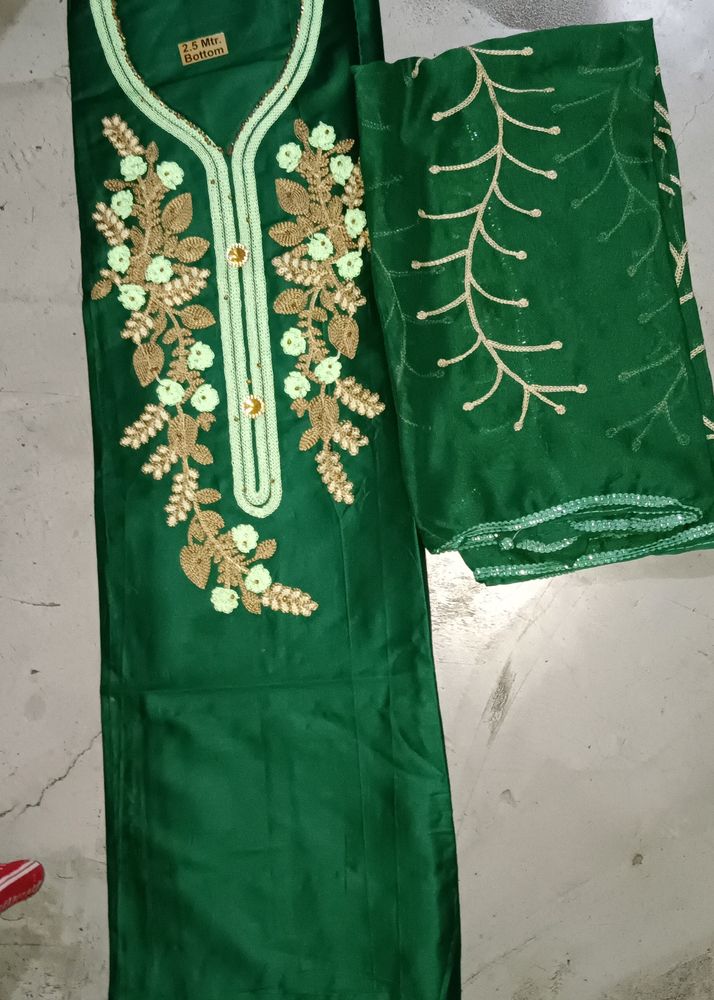 Unstitched Dark Green Thread Embroidery Suit