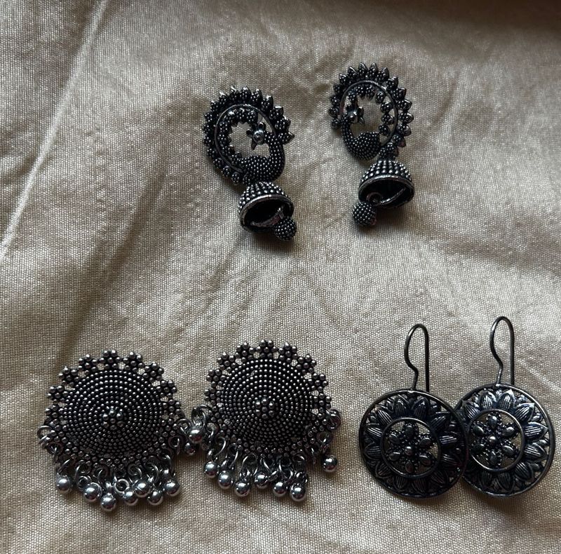 Oxidised Silver Jhumka &amp; Round Earrings Set
