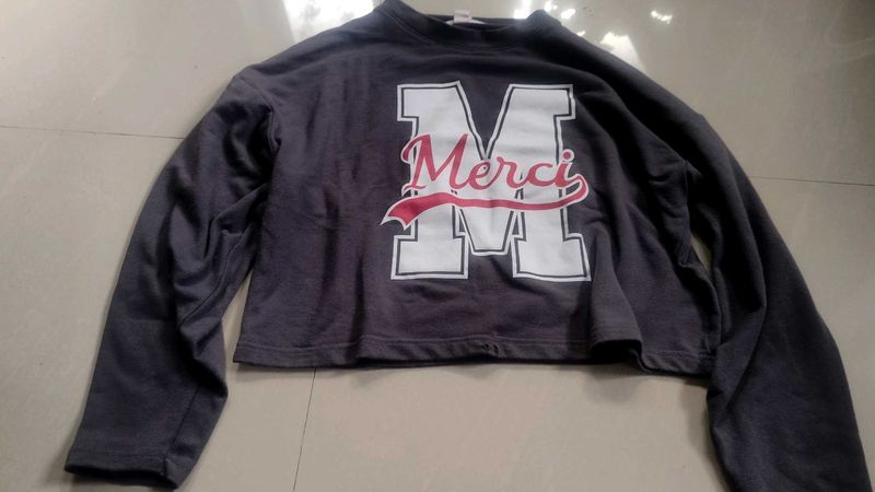 Grey "Merci" Graphic Cropped Long Sleeve Top