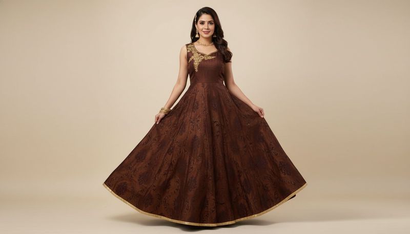 Elegant Brown &amp; Gold Embellished Dress