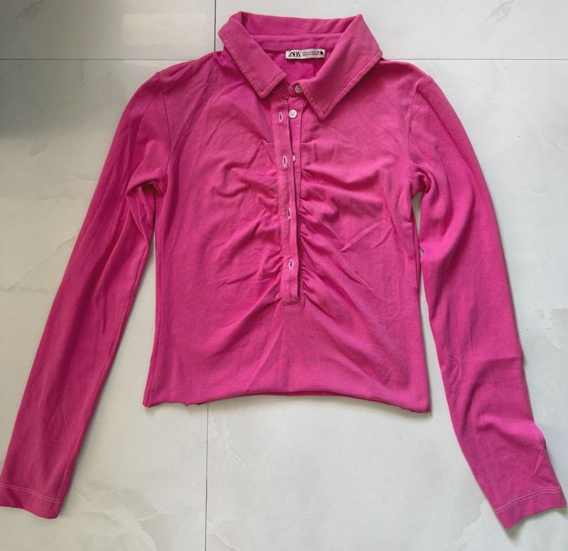 Vibrant Pink Ruched Collared Top