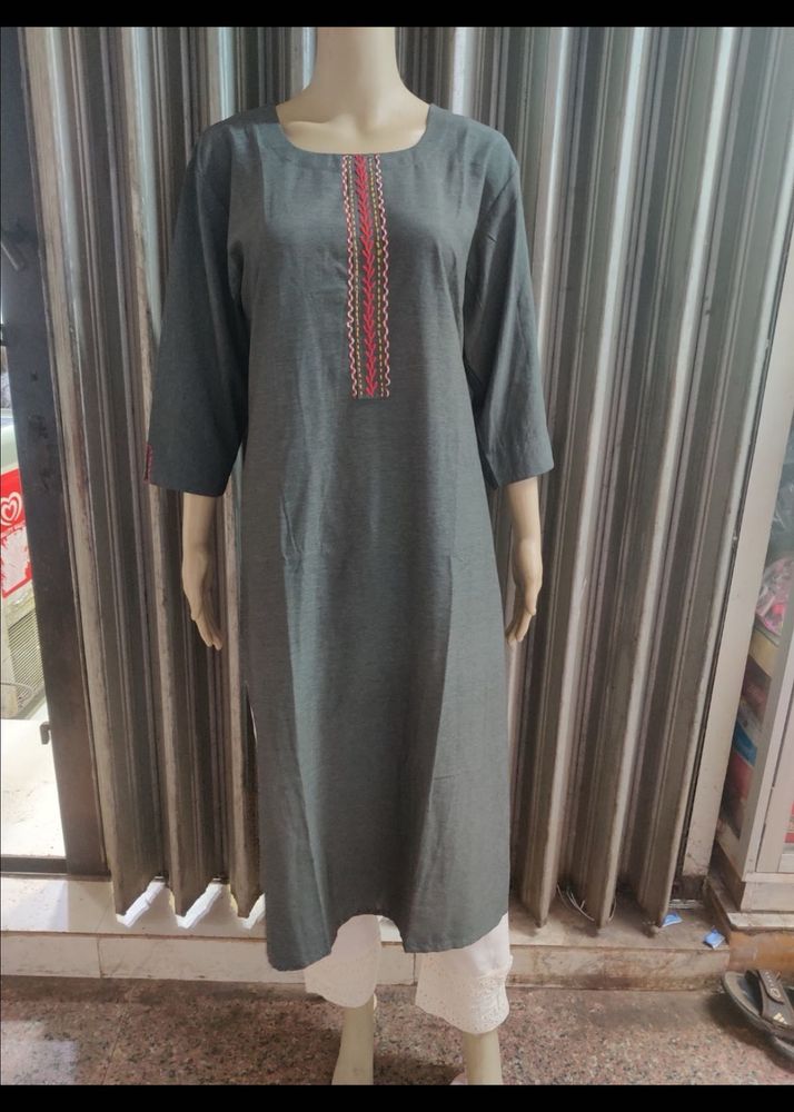 Elegant Grey Kurta with Embroidered Neckline