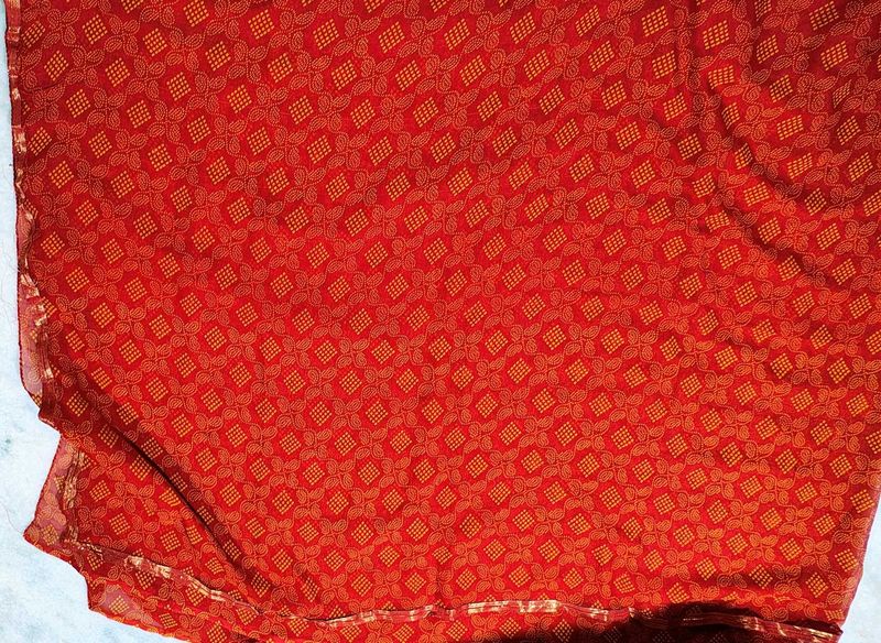 Red Bandhani Saree with Golden Border