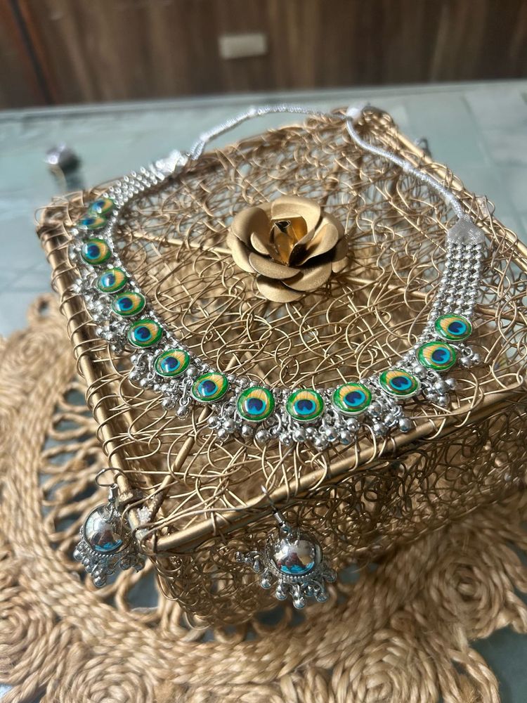 Peacock Feather Necklace &amp; Earrings Set