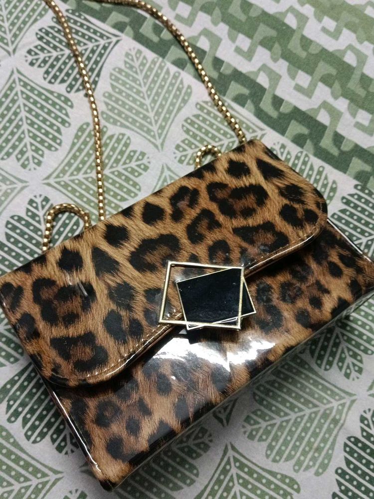 Leopard Print Clutch with Gold Chain