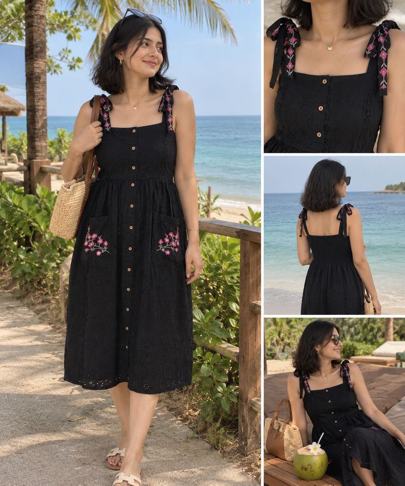Black Embroidered Midi Dress