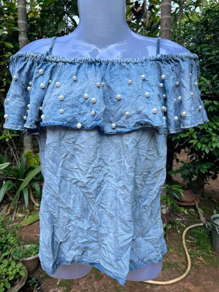Denim Off-Shoulder Pearl Top