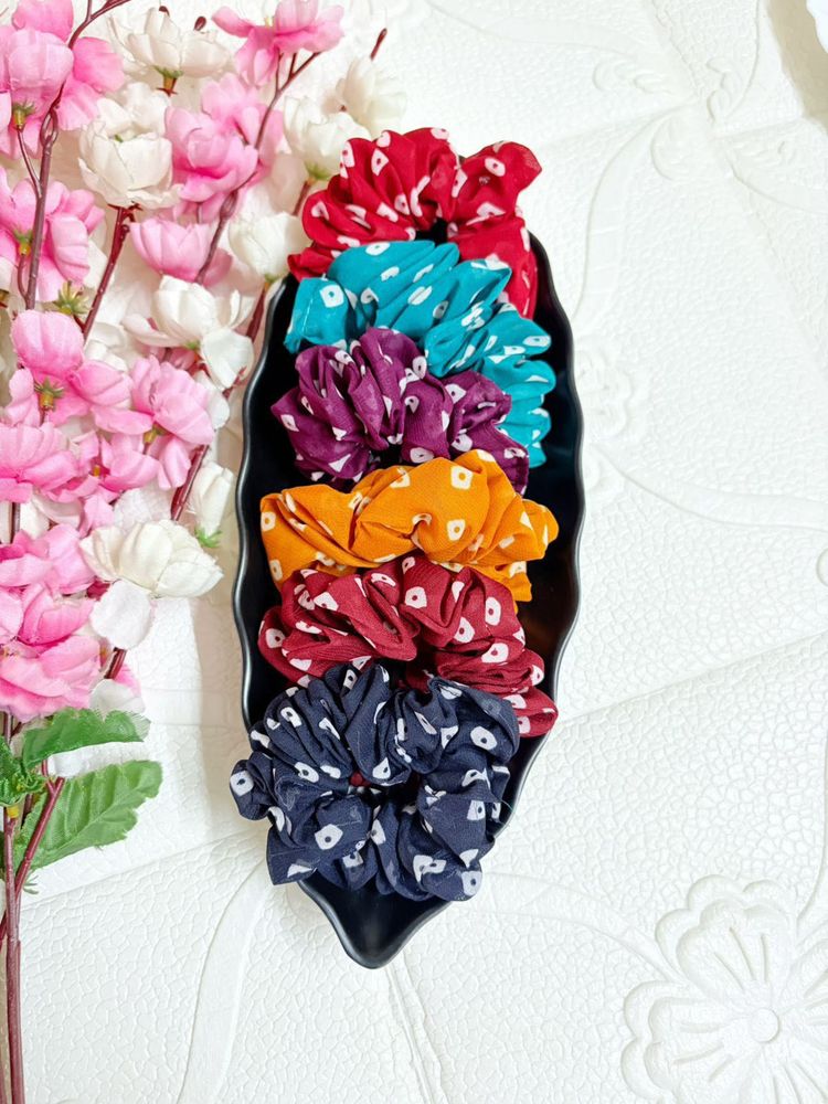 Set of 6 Colorful Bandhani Hair Scrunchies