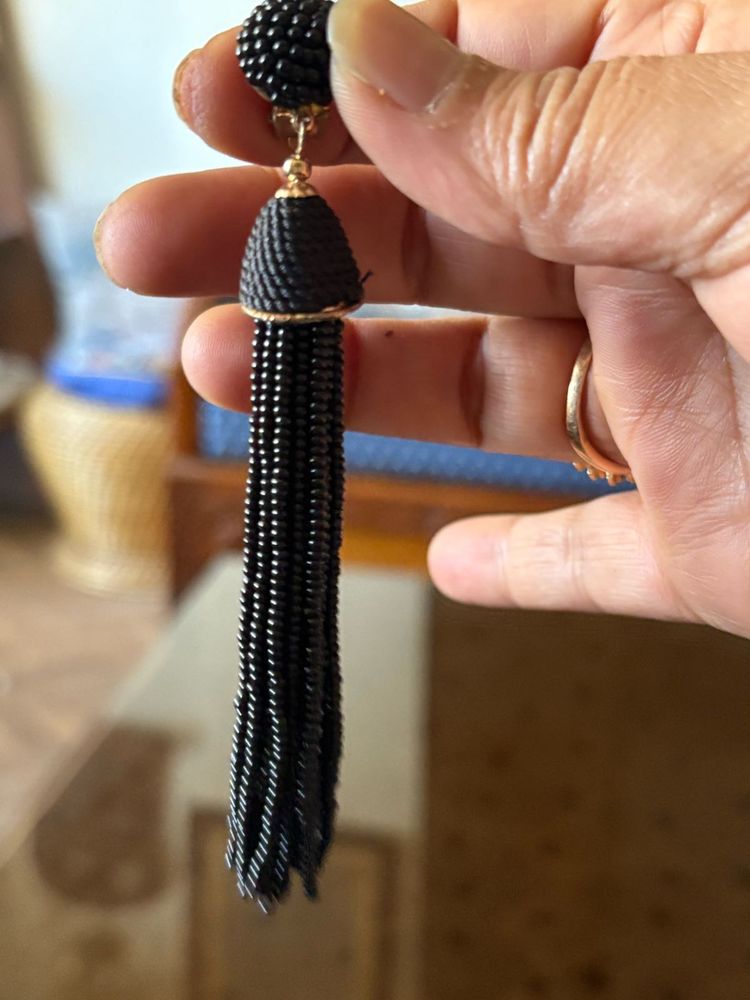 Black Beaded Tassel Earring