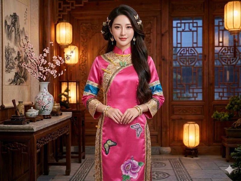 Elegant Pink Silk Gown with Floral Embroidery