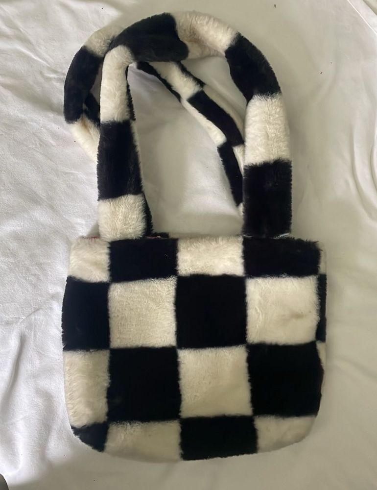 Fuzzy Checkered Shoulder Bag