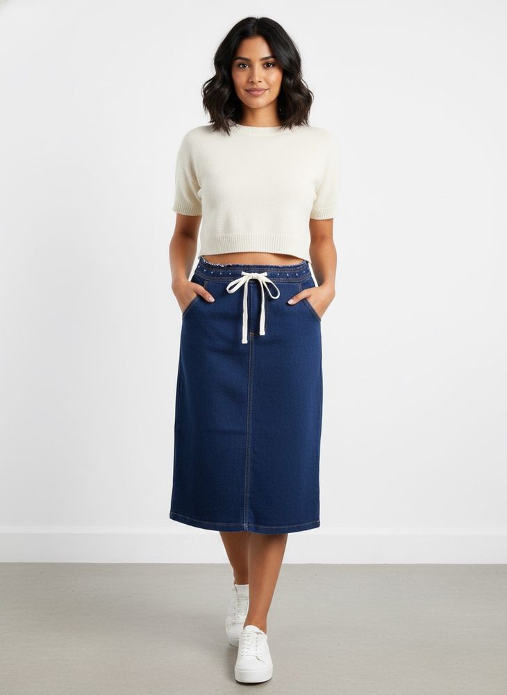 Classic Blue Denim Midi Skirt