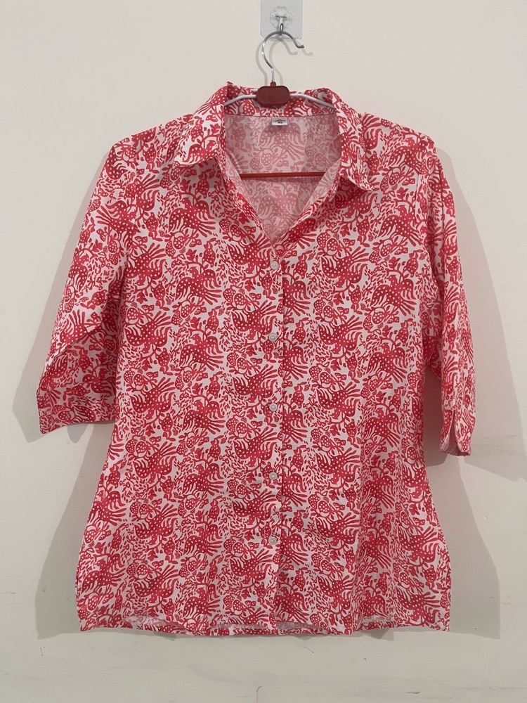 Red &amp; White Printed Button-Up Top