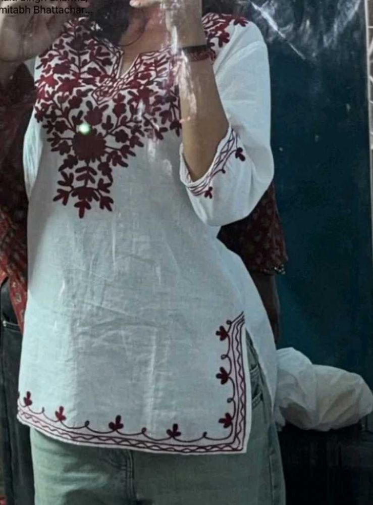 White short Kurti with Red Floral Embroidery