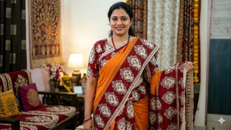 GentlyUsed UniqueKalamkariPrint Saree+Stiched