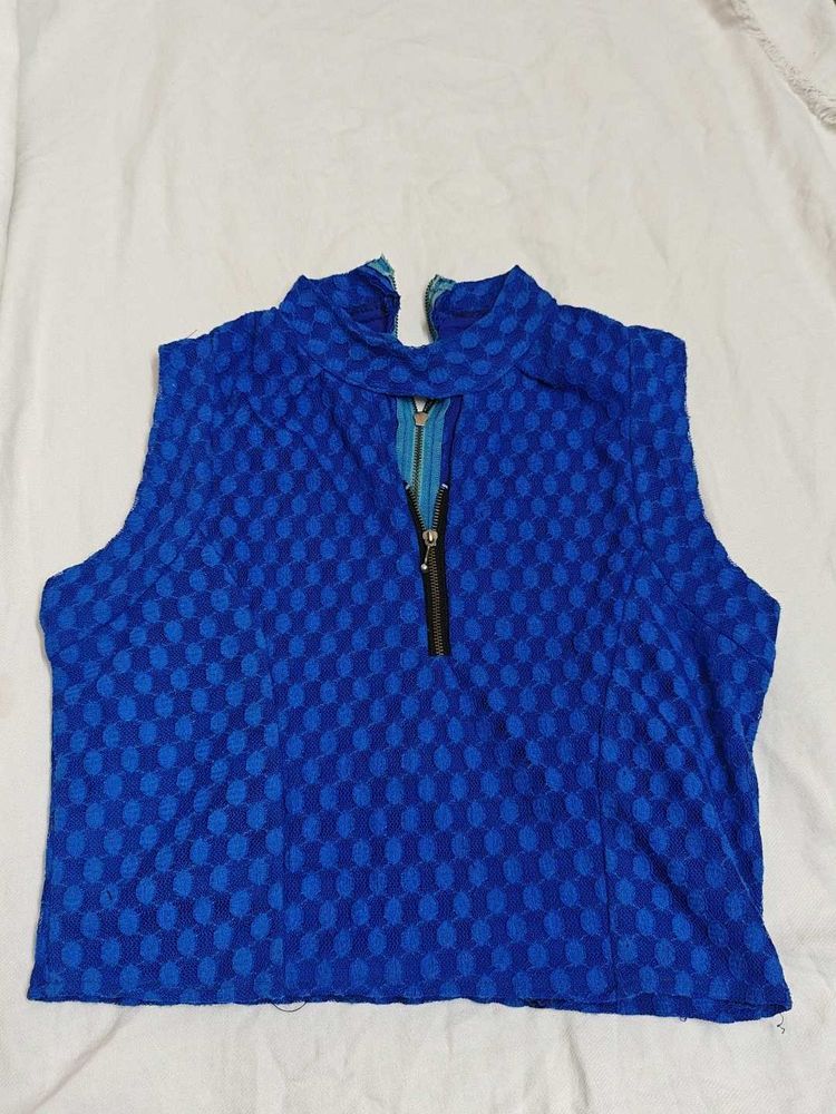 Blue Textured Zip-Up Sleeveless Top